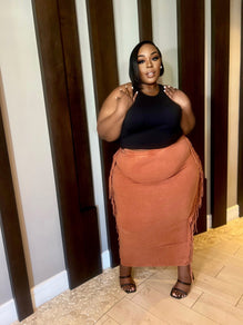Sultry Camel Brown Fringe Denim Skirt - Big House Of Fashion